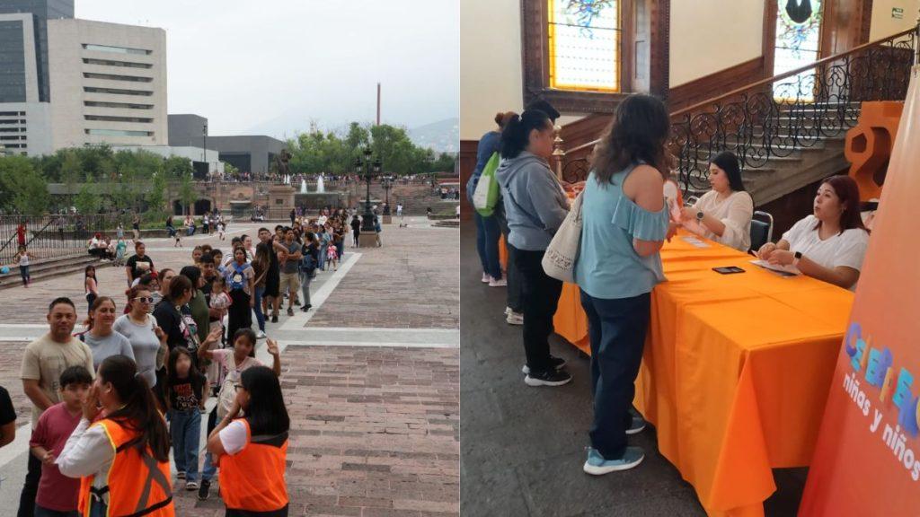Two-panel Scene: Left Shows a Long Line of People Outdoors with Volunteers in Orange Vests; Right Shows a Registration Desk with Staff at an Orange Tablecloth Indoors, Banner Reads 'niños Y Niñas'. - Justicia Regia
