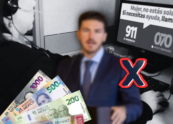 Blurry Man in a Suit Sits at a Desk; Foreground Shows a Fan of Mexican Banknotes, with a Blurred Headset-wearing Person in the Background and a Computer Monitor Displaying a Spanish Emergency Message; a Large Red X is Overlaid on the Image Indicating Something Forbidden or Incorrect. - Justicia Regia