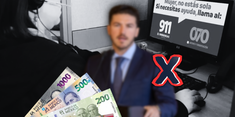 Blurry Man in a Suit Sits at a Desk; Foreground Shows a Fan of Mexican Banknotes, with a Blurred Headset-wearing Person in the Background and a Computer Monitor Displaying a Spanish Emergency Message; a Large Red X is Overlaid on the Image Indicating Something Forbidden or Incorrect. - Justicia Regia