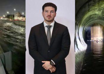 Three-panel collage: left shows a nighttime waterway, center a man in a black suit and tie posing, right a circular water-filled tunnel.