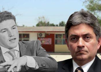 Two Men in Business Suits Stand Outdoors in Front of a School-like Building; the Man on the Left is in Grayscale and Gesturing with His Hand, While the Man on the Right Remains in Color and Looks Toward the Camera. - Justicia Regia
