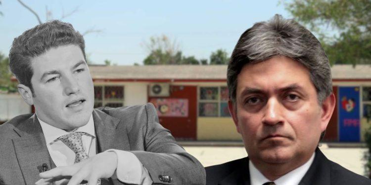 Two Men in Business Suits Stand Outdoors in Front of a School-like Building; the Man on the Left is in Grayscale and Gesturing with His Hand, While the Man on the Right Remains in Color and Looks Toward the Camera. - Justicia Regia