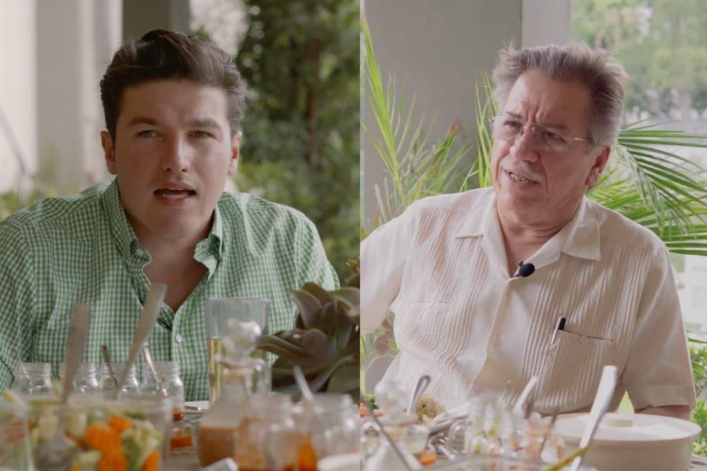 Samuel-garcia-y-su-papa-huachigobernador-despacho-huachicol - Justicia Regia Two Men Sit at a Lunch Table Split Across a Vertical Line: a Younger Man in a Green Check Shirt Speaks, an Older Man in a Light Shirt Listens, with Food and Drinks on a Sunlit Table in the Background. - Justicia Regia