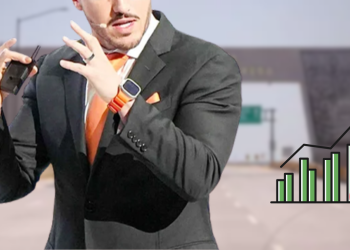 Businessman in a Suit Gesturing, with a Rising Green Bar Chart on the Right and a Red X Indicating an Error or Invalid Forecast. - Justicia Regia