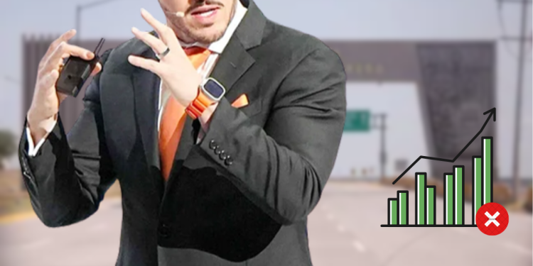 Businessman in a Suit Gesturing, with a Rising Green Bar Chart on the Right and a Red X Indicating an Error or Invalid Forecast. - Justicia Regia