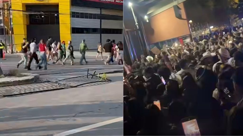 Two Urban Scenes Side by Side: Left Shows Pedestrians Crossing a Street Past a Bright Yellow Building with a Damaged Street Barrier in the Foreground; Right Shows a Dense Night Crowd Gathered Around a Lit Area, Some Holding Phones. - Justicia Regia