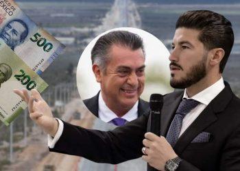 Politician-like Man in a Suit with a Microphone Gestures Toward Flying Mexican Pesos, with a Circular Inset Showing Another Smiling Man, Suggesting Money in Politics. - Justicia Regia