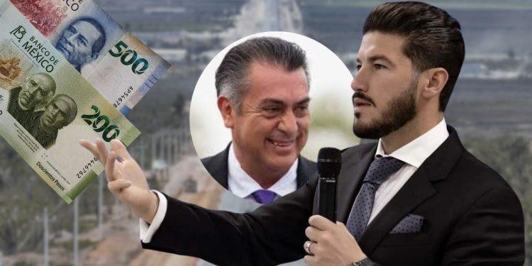 Politician-like Man in a Suit with a Microphone Gestures Toward Flying Mexican Pesos, with a Circular Inset Showing Another Smiling Man, Suggesting Money in Politics. - Justicia Regia