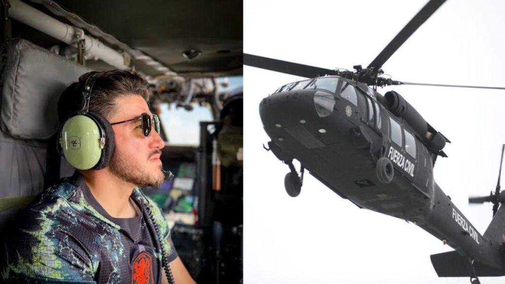 Left: a Male Helicopter Pilot Wearing Green Ear Protection and Sunglasses Inside the Cockpit; Right: a Black Military Helicopter in Flight with 'fuerza Civil' Markings - Justicia Regia