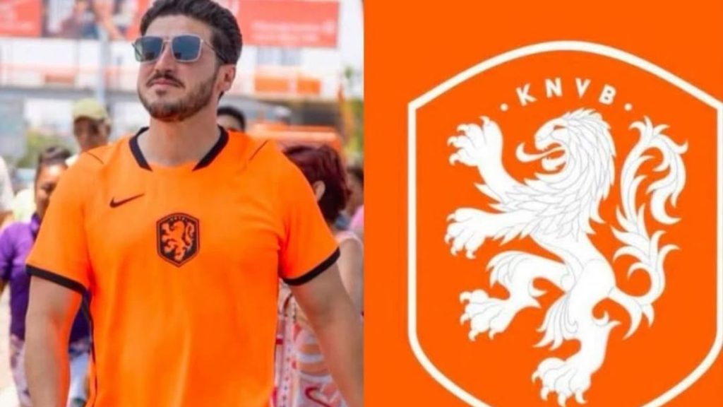 Man in Orange Netherlands Soccer Jersey with Black Trim and Crest, Wearing Sunglasses, in a Crowd; Right Panel Shows Knvb Orange Shield with a White Lion Caparisoned. - Justicia Regia