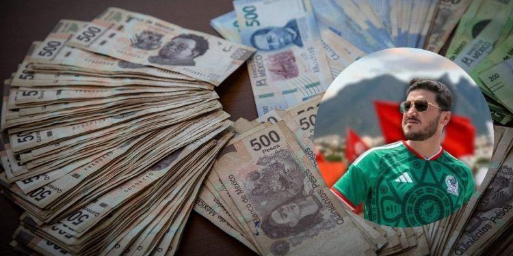 Por-que-samuel-garcia-endeudara-a-nuevo-leon - Justicia Regia Large Pile of Mexican 500-peso Banknotes Spread on a Table, with a Circular Inset Image of a Man in a Green Jersey and Sunglasses. - Justicia Regia