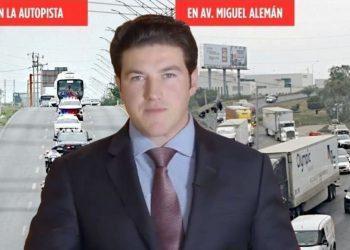 Trafico-por-seleccion-de-japon - Justicia Regia Male News Anchor in a Suit Stands Against a Busy Highway Backdrop with Trucks, Red Banners Above Him Reading 'en La Autopista' and 'en Av. Miguel Alemán'. - Justicia Regia