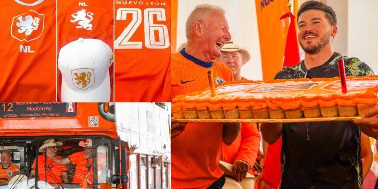 Fans in Orange Netherlands Jerseys Celebrate with a Large Orange Cake and Candles at a Festivity. - Justicia Regia