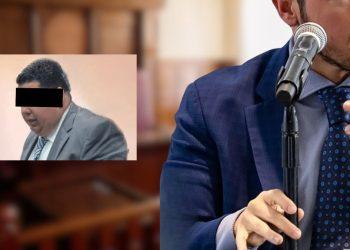 Man in a Blue Suit Speaks into a Microphone in the Foreground; Inset Shows a Second Man in a Gray Suit with Eyes Obscured by a Black Bar. - Justicia Regia