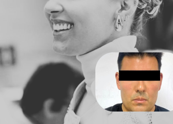 Grayscale Hospital Scene with a Smiling Nurse in the Background; a Rounded Overlay Shows a Man’s Face with Eyes Covered by a Black Bar, Signaling Privacy in a Medical Context. - Justicia Regia