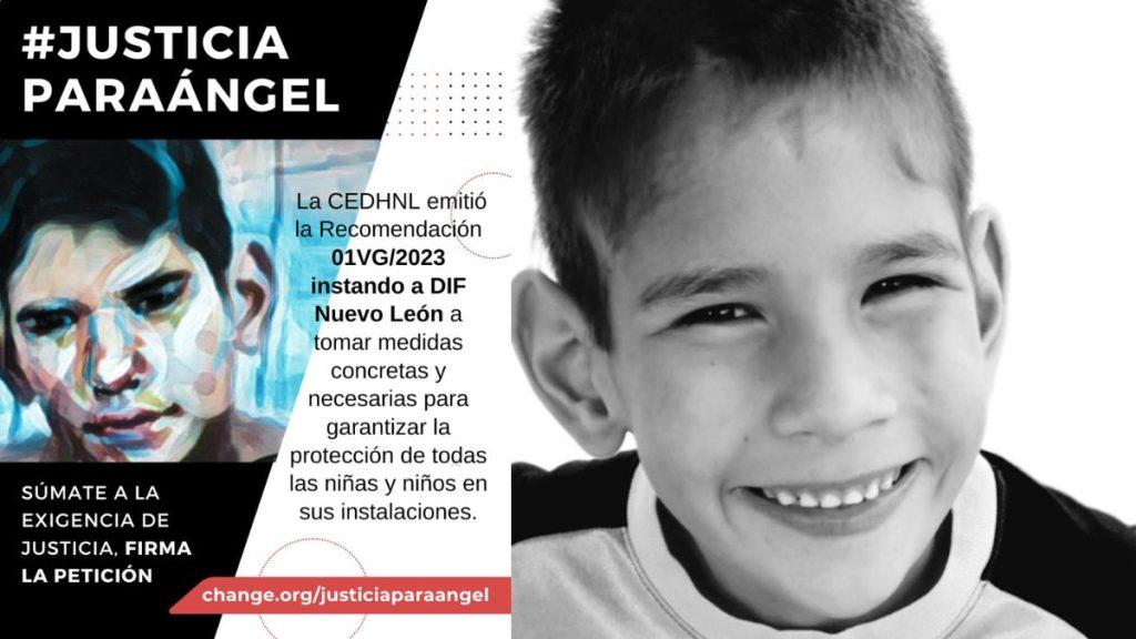 Collage Promoting Justice for Ángel: Black-and-white Boy Smiling on the Right and a Stylized Portrait on the Left with Spanish Petition Text and the Hashtag '#justicia ParaÁngel'. - Justicia Regia
