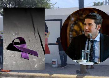 Purple Awareness Ribbon on a Wooden Surface, with a Man in a Suit Speaking at a Microphone in the Background. Visually, a Mural is Being Painted on a Wall Behind Them. - Justicia Regia