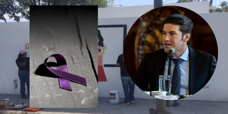 Purple Awareness Ribbon on a Wooden Surface, with a Man in a Suit Speaking at a Microphone in the Background. Visually, a Mural is Being Painted on a Wall Behind Them. - Justicia Regia