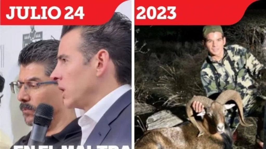 Two-panel Collage: Left Shows a Man in a Suit Speaking into a Microphone at a Press Event; Right Shows a Man in Camouflage with a Ram Outdoors, with Red Banners 'julio 24' and '2023' at the Top. - Justicia Regia