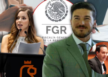 Movimiento-ciudadano-sobre-el-juicio-de-samuel-garcia - Justicia Regia Collage of a Female Presenter at a Podium and a Man in a Green Suit at a Press Conference, with a Circular Inset of Another Man Speaking and the Fgr Seal in the Background. - Justicia Regia