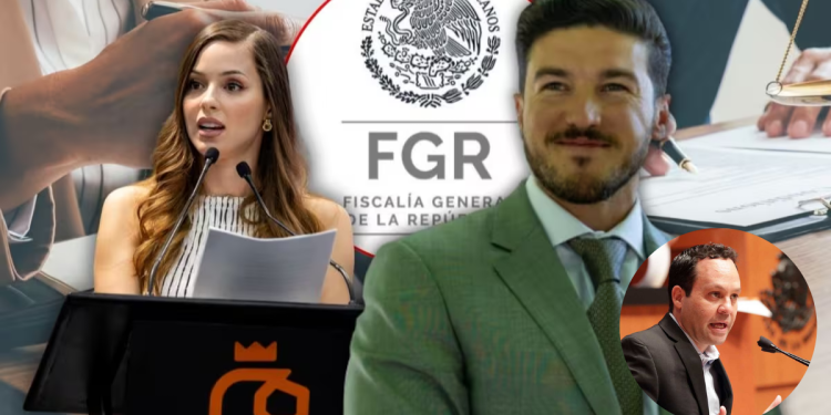 Movimiento-ciudadano-sobre-el-juicio-de-samuel-garcia - Justicia Regia Collage of a Female Presenter at a Podium and a Man in a Green Suit at a Press Conference, with a Circular Inset of Another Man Speaking and the Fgr Seal in the Background. - Justicia Regia