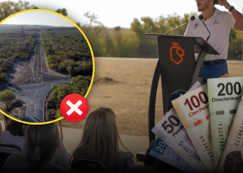 Outdoor Talk with a Presenter at a Podium; Foreground Shows Money and a Circular Inset of a Road Intersection with a Red X, Signaling Misused Funds for Infrastructure. - Justicia Regia