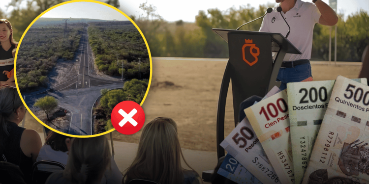 Carretera a Presa Libertad - Justicia Regia Outdoor Talk with a Presenter at a Podium; Foreground Shows Money and a Circular Inset of a Road Intersection with a Red X, Signaling Misused Funds for Infrastructure. - Justicia Regia