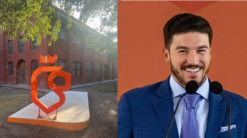 Samuel-garcia-totem-publicidad - Justicia Regia Split Image: Orange Abstract Sculpture on a Pedestal Beside a Brick Campus Building, Next to a Smiling Man in a Blue Suit at a Microphone. - Justicia Regia