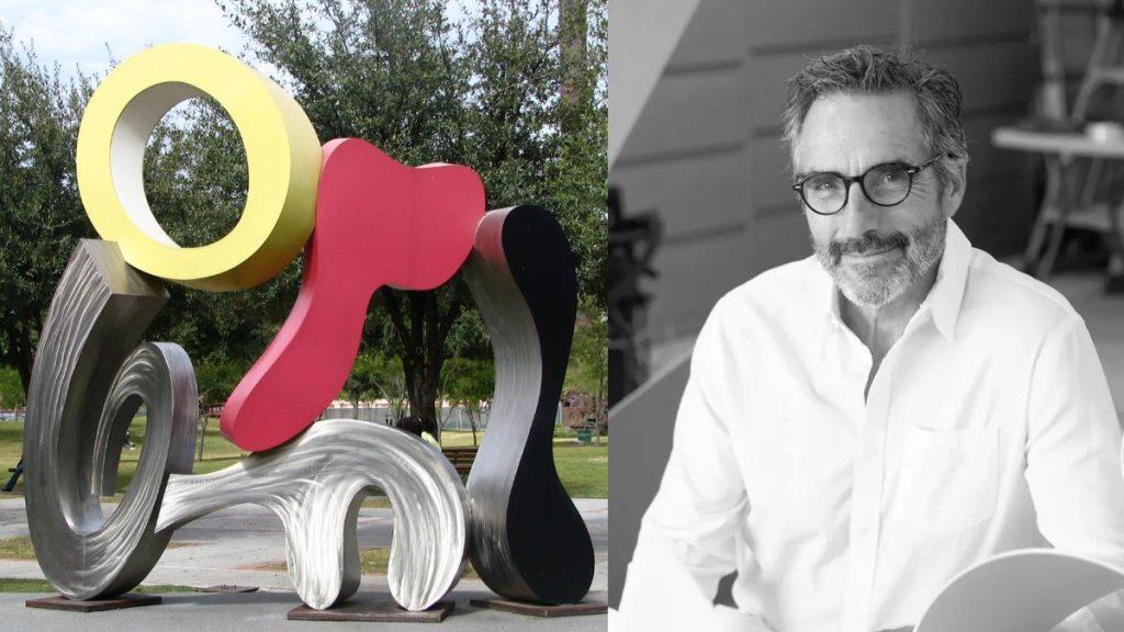 Brad-howe-cineteca-nuevo-leon - Justicia Regia Split Image: Left is a Large Outdoor Abstract Sculpture with Intertwined Colorful Shapes (yellow, Pink, Gray, Black); Right is a Grayscale Portrait of a Man with Glasses in a White Shirt. - Justicia Regia