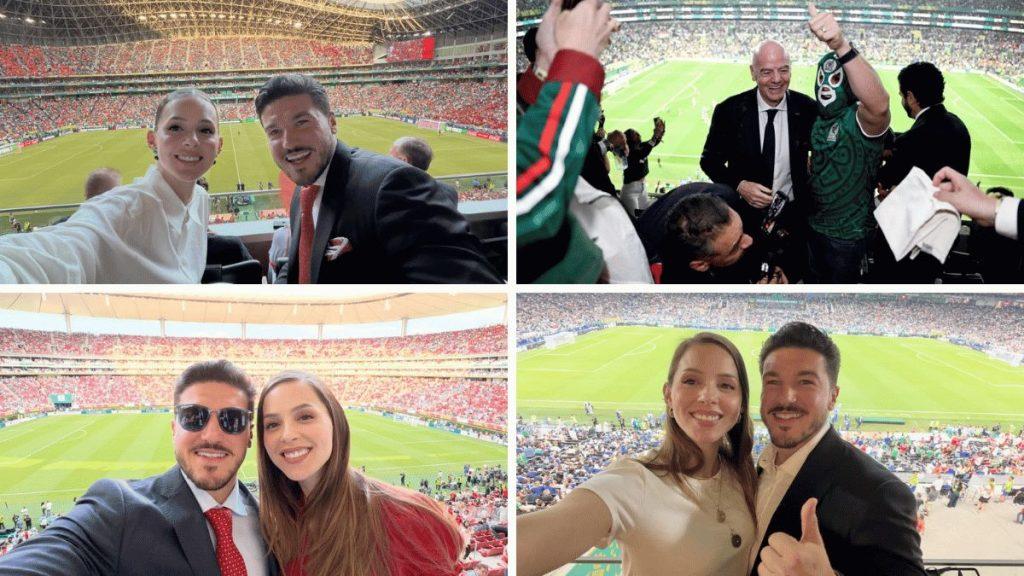 Smiling Couple in Formal Attire Take a Selfie in the Stands with a Soccer Stadium and Field Behind Them (top-left). They Appear to Be at a Live Match. - Justicia Regia