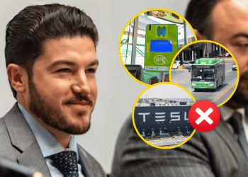 Samuel García Sobrepuesto Con Tres Imagenes: Lector Del Camión, Transporte Público Y Una Fabrica De Tesla - Justicia Regia
