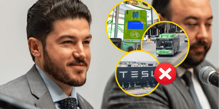 Samuel García Sobrepuesto Con Tres Imagenes: Lector Del Camión, Transporte Público Y Una Fabrica De Tesla - Justicia Regia