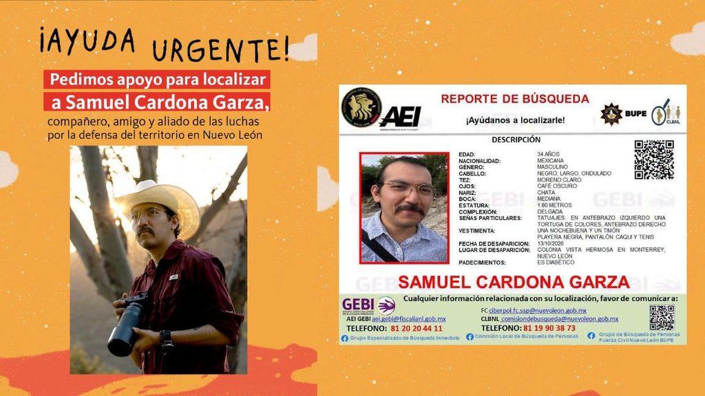 Aviso De Ayuda Urgente Para Localizar a Samuel Cardona Garza, Con Su Foto Y Ficha De Búsqueda En Fondo Naranja. - Justicia Regia