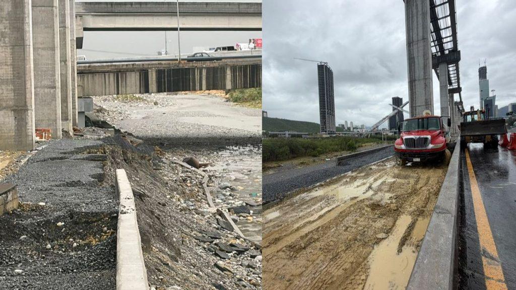 Justicia-regia-deslave-parque-lineal-linea-4jpg - Justicia Regia Side-by-side Construction Scenes: Left Shows a Damaged Riverbank and Rubble Beneath a Bridge; Right Shows a Muddy, Washed-out Highway with a Red Truck Nearby in an Urban Area. - Justicia Regia