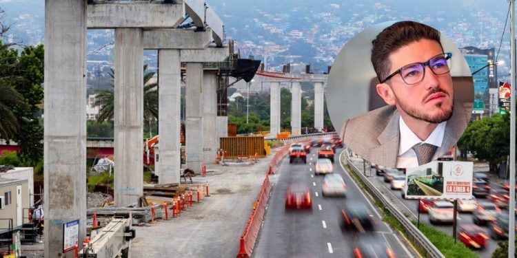 Highway Under Construction with Tall Concrete Pillars; a Circular Portrait of a Man in a Suit Overlain on the Right Side. - Justicia Regia
